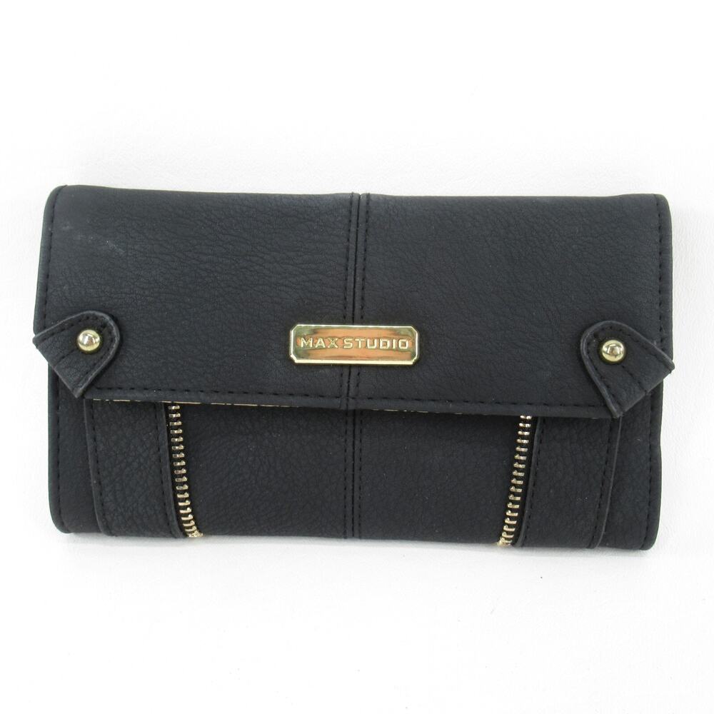 Max Studio Wallet Women Black Faux Leather Flap Bifold Clutch
